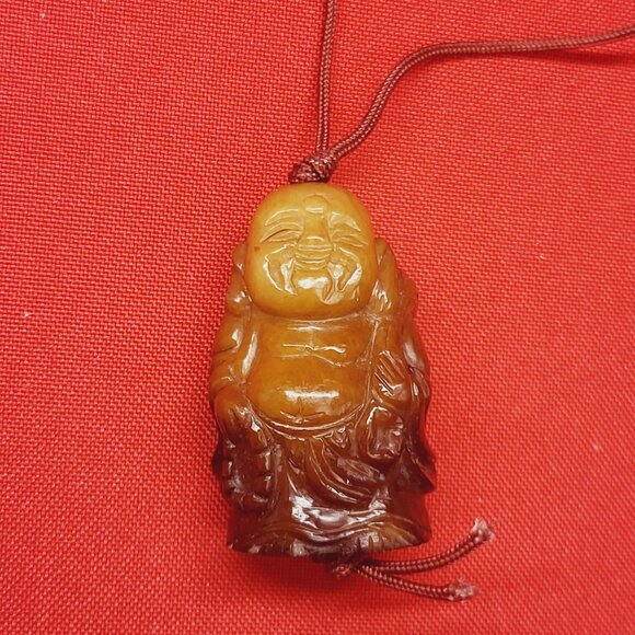 Vintage Happy Buddha Necklace Carved Soapstone Pendant Red Cord